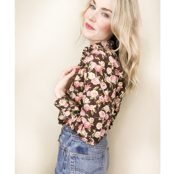 90s Brown Floral Long Sleeve Button Down Blouse - Picture 13 of 14